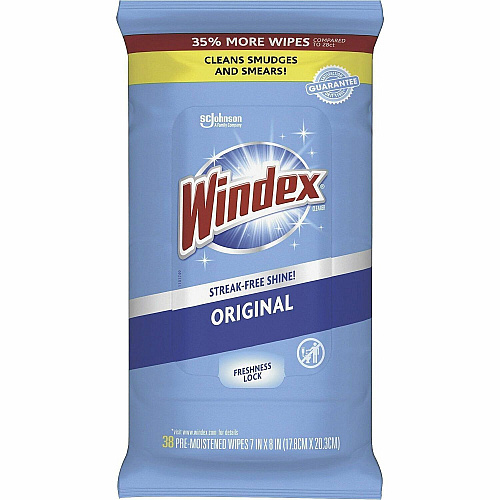 Windex&reg; Glass & Surface Wipes Wipe - 9.70 oz (0.61 lb) - Recommended For: Smear Remover, Smudge Remover - Streak-free, Pre-moistened, Drip-free, Unscented - White - 38 / Pack (378032)