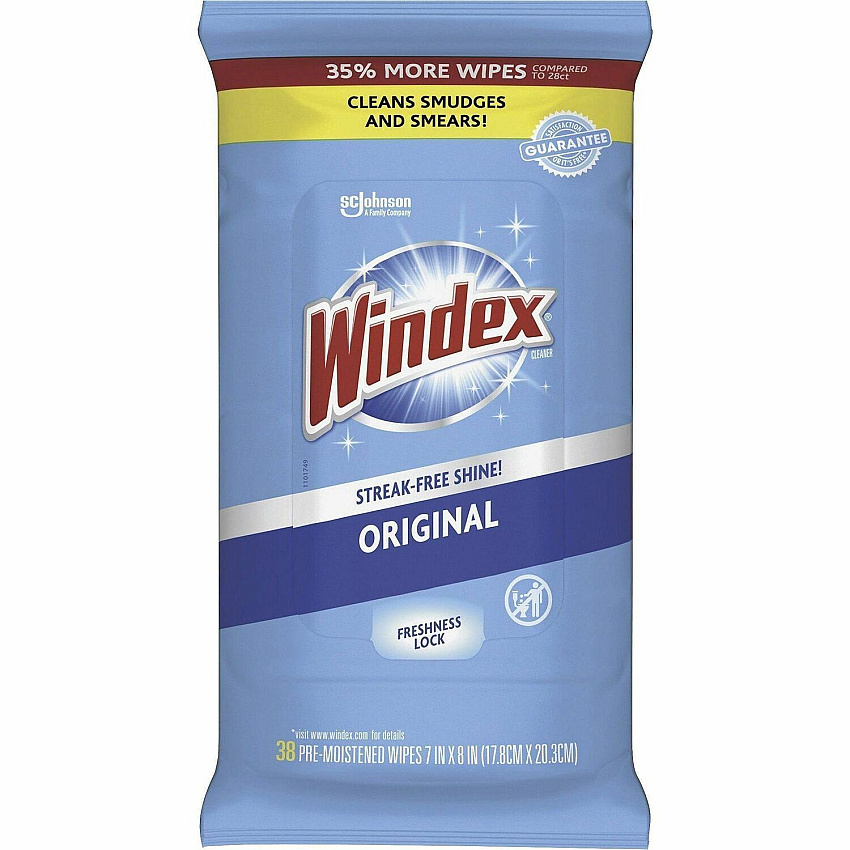 Windex&reg; Glass & Surface Wipes Wipe - 9.70 oz (0.61 lb) - Recommended For: Smear Remover, Smudge Remover - Streak-free, Pre-moistened, Drip-free, Unscented - White - 38 / Pack (378032)