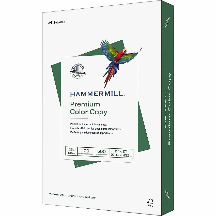 Hammermill Premium Color Copy Paper 100 Brightness - Ledger/Tabloid - 11" x 17" - 28 lb Basis Weight - Ultra Smooth - Heavyweight - White - 500 Sheets per Ream - 4 / Carton (102541CT)
