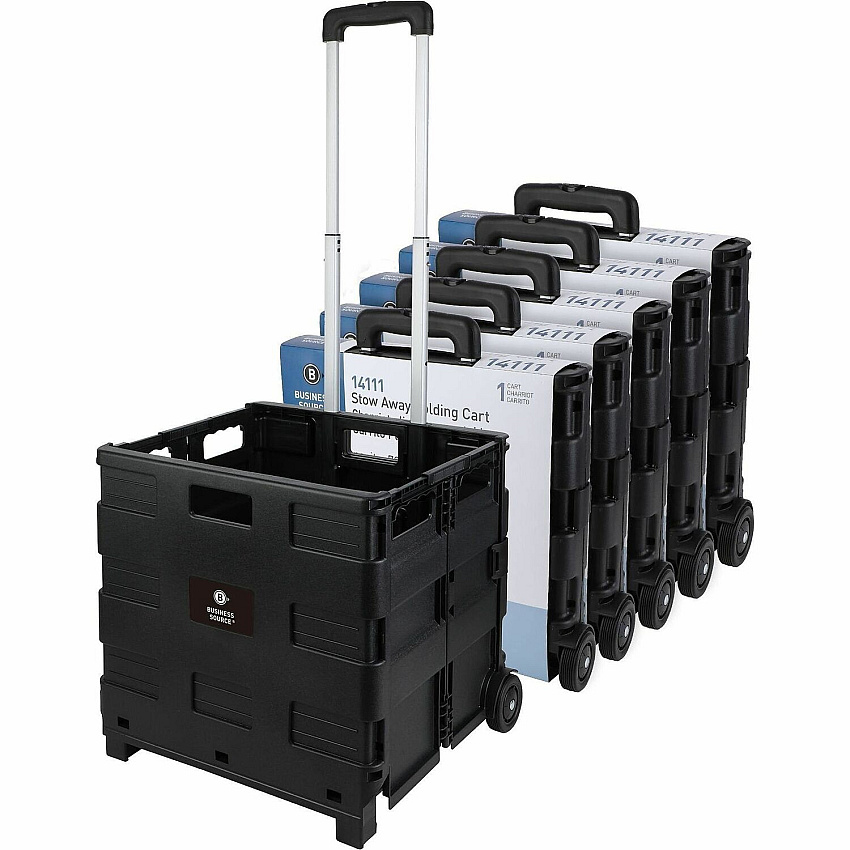 Business Source Stow-and-Go Mobile Storage Crate Telescopic Handle - 60 lb Load Capacity - 12.72 gal Volume Capacity - 2 Casters - 18.25" Width x 15" Depth x 39.37" Height - Black - 6 / Carton (BSN14111CT)
