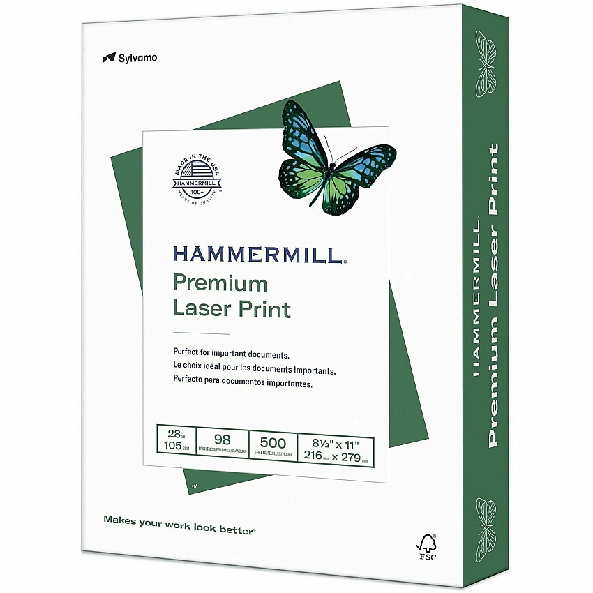 Hammermill Premium 28 lb Laser Print Paper Letter - 8 1/2" x 11" - 28 lb Basis Weight - Ultra Smooth - Jam-free, Acid-free - White - 500 Sheets per Ream - 8 / Carton (125534CT)