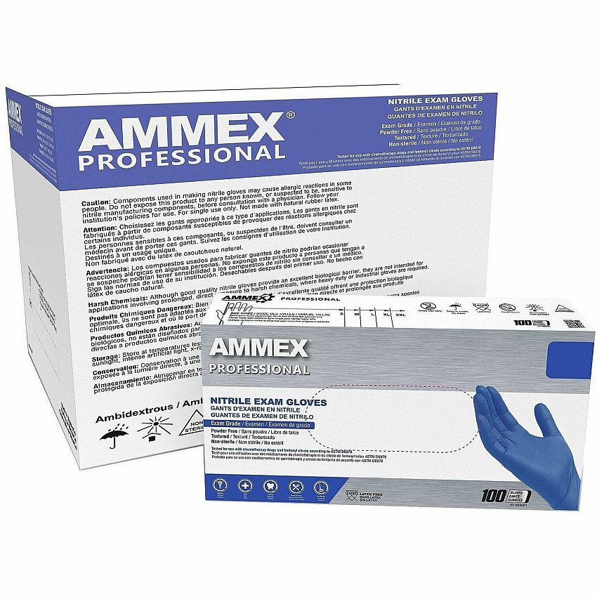 Ammex Nitrile Powder-Free Exam Gloves 3 mil Thickness x 12.36" Glove Length - Body Fluid, Pathogen Protection - Medium Size - For Right/Left Hand - Nitrile - Blue - Durable, Latex-free, Chlorinate, Ambidextrous, Non-sterile, Textured - For  (ACNPF44100CT)