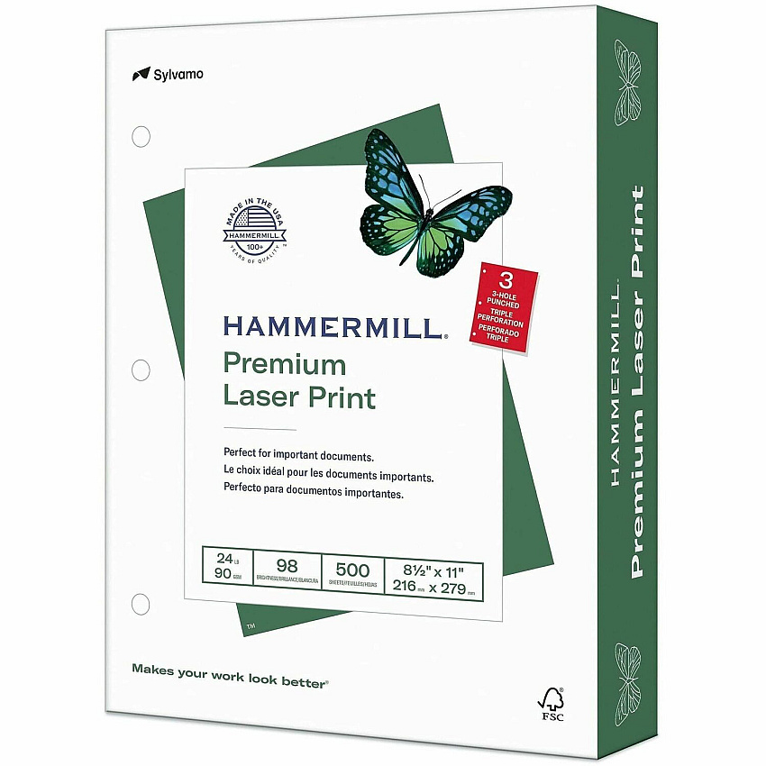 Hammermill Premium 3HP Laser Print Paper - White 3-Hole Punched - 98 Brightness - Letter - 8 1/2" x 11" - 24 lb Basis Weight - Ultra Smooth - Jam-free, Acid-free, Archival-safe - White - 500 Sheets per Ream - 10 / Carton (107681CT)