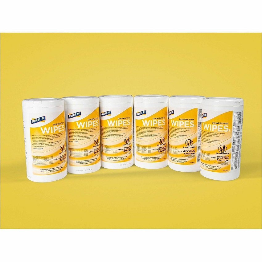 Genuine Joe Broad-Spectrum Disinfectant Wipes For Multi Surface - Wipe - Lemon Scent - Recommended For: Bacteria Remover, Virus Remover - Yellow - 75 Wipes/Tub - 6 / Carton (GJO45500)