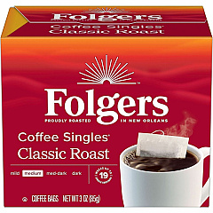 Folgers® Bag, Instant, Packet Singles Medium-Roast Coffee Bags Medium - Bag, Instant, Packet - Classic Roast - Kosher - 19 / Box (81121) Folgers® Bag, Instant, Packet Singles Medium-Roast Coffee Bags Medium - Bag, Instant, Packet - Classic Roast - Kosher - 19 / Box (81121)