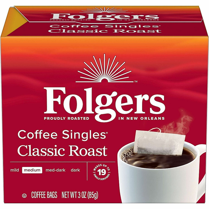 Folgers&reg; Bag, Instant, Packet Singles Medium-Roast Coffee Bags Medium - Bag, Instant, Packet - Classic Roast - Kosher - 19 / Box (81121)