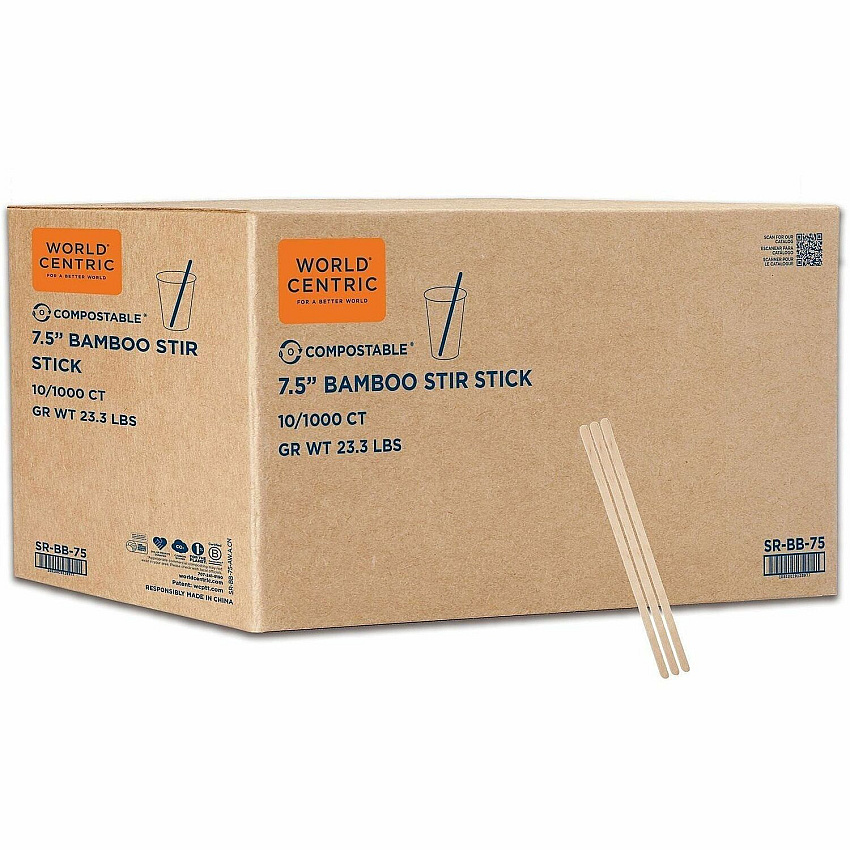 World Centric Compostable Bamboo Stir Sticks 7.5" Length - Bamboo - Natural - 10000 / Carton (SRBB75)