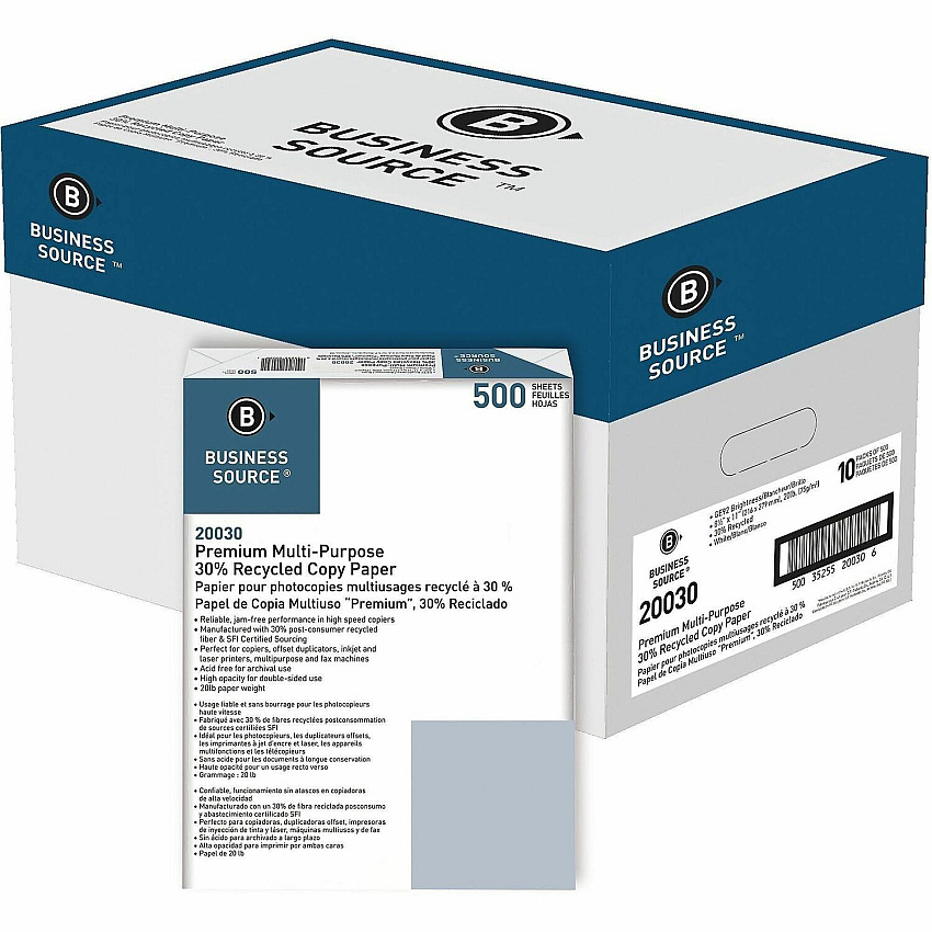 Business Source Recycled Copy Paper 92 Brightness - Letter - 8 1/2" x 11" - 20 lb Basis Weight - 75 g/m² Grammage - Acid-free, Smudge-free - White - 5000 Sheets - 500 Sheets per Ream - 10 Ream per Case - 10 / Carton (BSN20030)