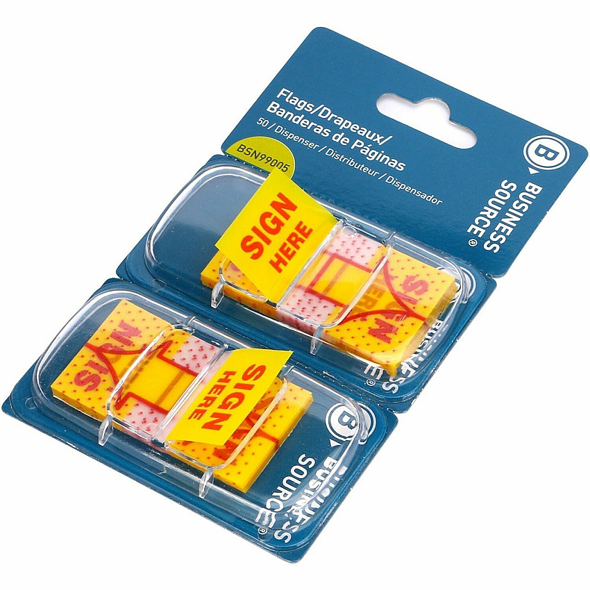 Business Source Sign Here Arrow Page Flags 1" Flag/Note Width x 1 3/4" Flag/Note Length - Arrow - SIGN HERE - Yellow - Removable, Repositionable, Reusable - Dispenser Included - 100 / Pack (BSN99005)