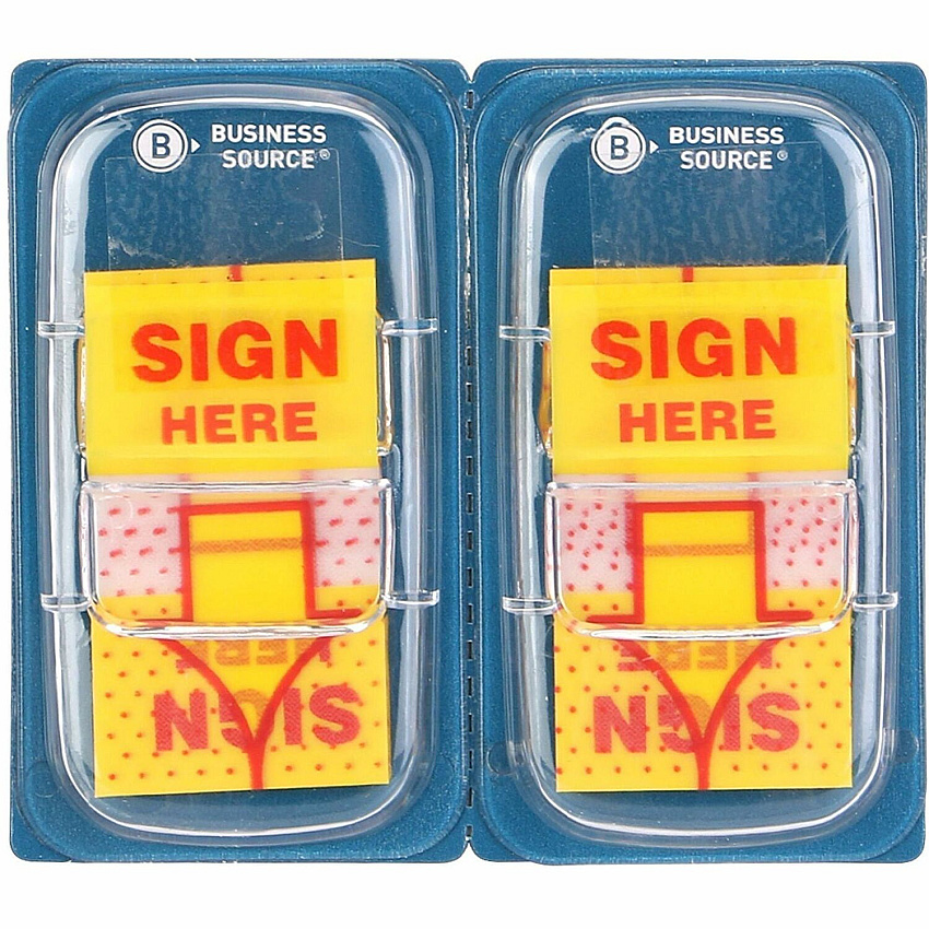 Business Source Sign Here Arrow Page Flags 1" Flag/Note Width x 1 3/4" Flag/Note Length - Arrow - SIGN HERE - Yellow - Removable, Repositionable, Pop-up, Reusable - Dispenser Included - 5 / Pack (BSN99007)