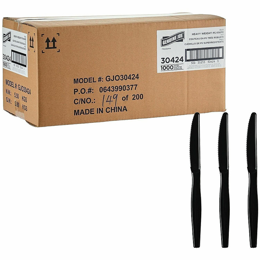 Genuine Joe Disposable Polystyrene Cutlery Knife - Knife - Food, Cafeteria, Breakroom - Disposable - Polystyrene - Black - 1 Carton (GJO30424)