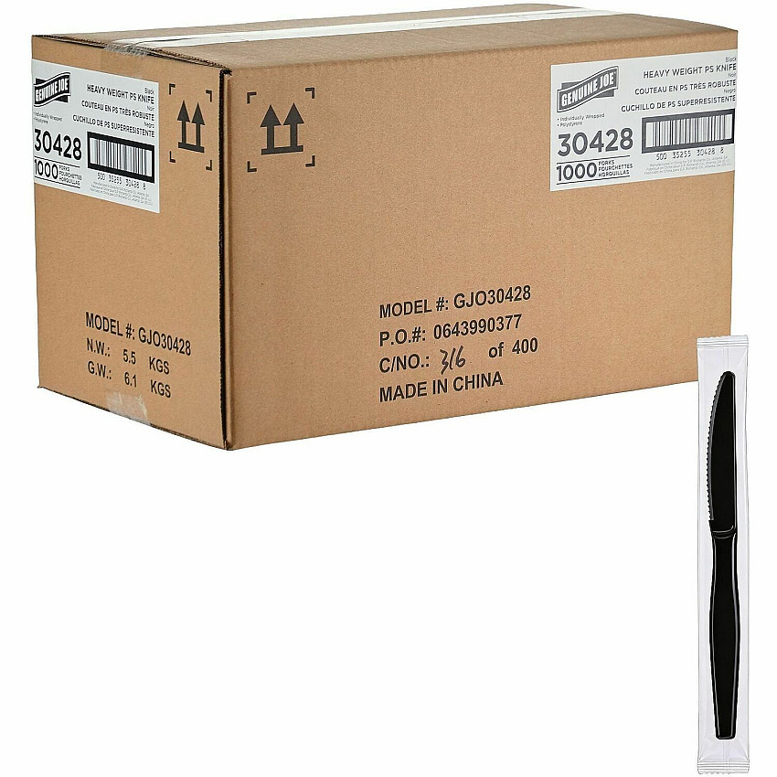 Genuine Joe Disposable Polystyrene Cutlery Knife - Knife - Food, Cafeteria, Breakroom - Disposable - Polystyrene - Black - 1 Carton (GJO30428)