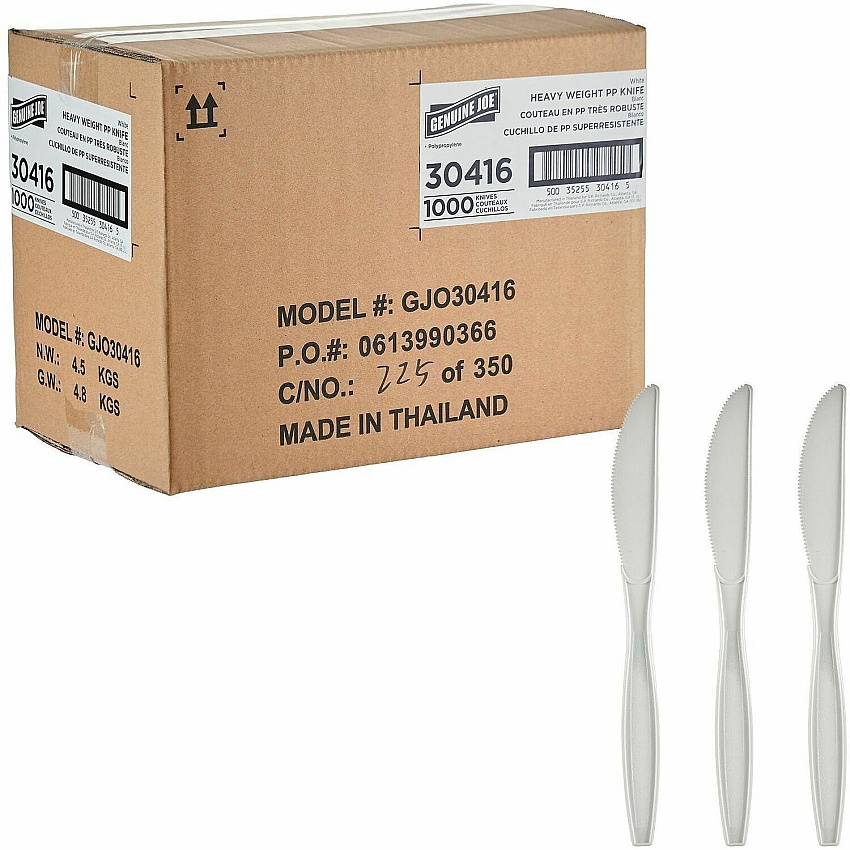 Genuine Joe Heavy-Weight Polypropylene Cutlery Knife - Knife - Food, Cafeteria - Disposable - Polypropylene - White - 1 Carton (GJO30416)