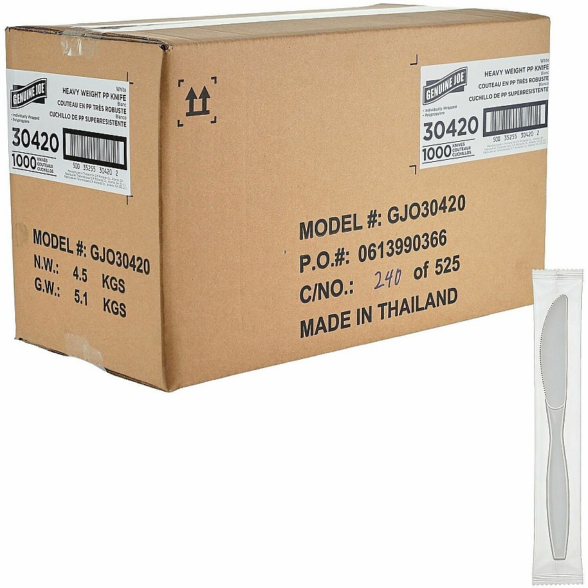 Genuine Joe Heavy-Weight Polypropylene Cutlery Cutlery Set - Fork - Knife - Food, Cafeteria - Disposable - Polypropylene - White - 1 Carton (GJO30420)