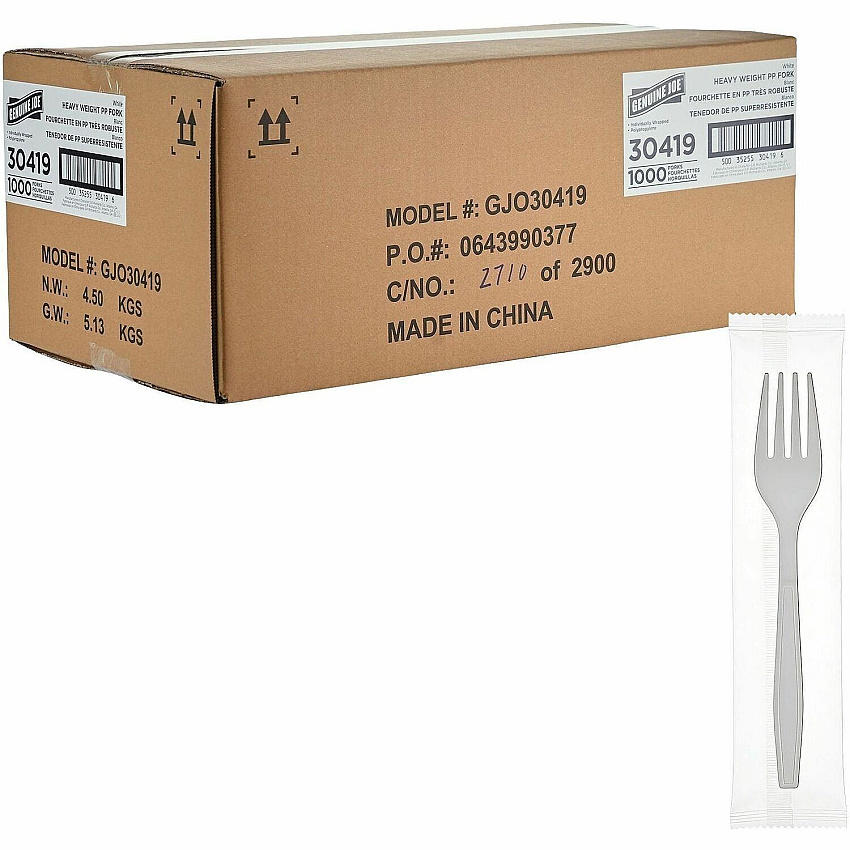 Genuine Joe Heavy-Weight Polypropylene Cutlery Fork - Fork - Food, Cafeteria, Breakroom - Disposable - Polypropylene - White - 1 Carton (GJO30419)