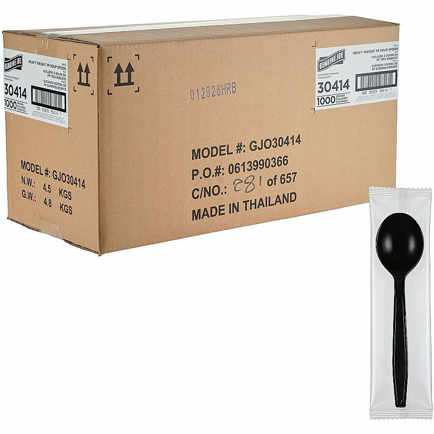 Genuine Joe Heavy-Weight Polypropylene Cutlery Cutlery Set - Soup Spoon - Fork - Food, Cafeteria - Disposable - Polypropylene - Black - 1 Carton (GJO30414)