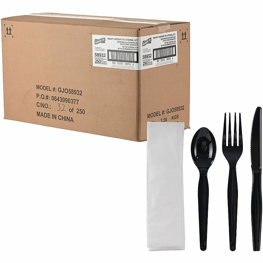 Genuine Joe 4-Piece Heavyweight Utensil Kit 4 Piece(s) - Cutlery Set - Spoon - Fork - Knife - Breakroom - Disposable - Polystyrene - Black - 1 Carton (GJO58932)