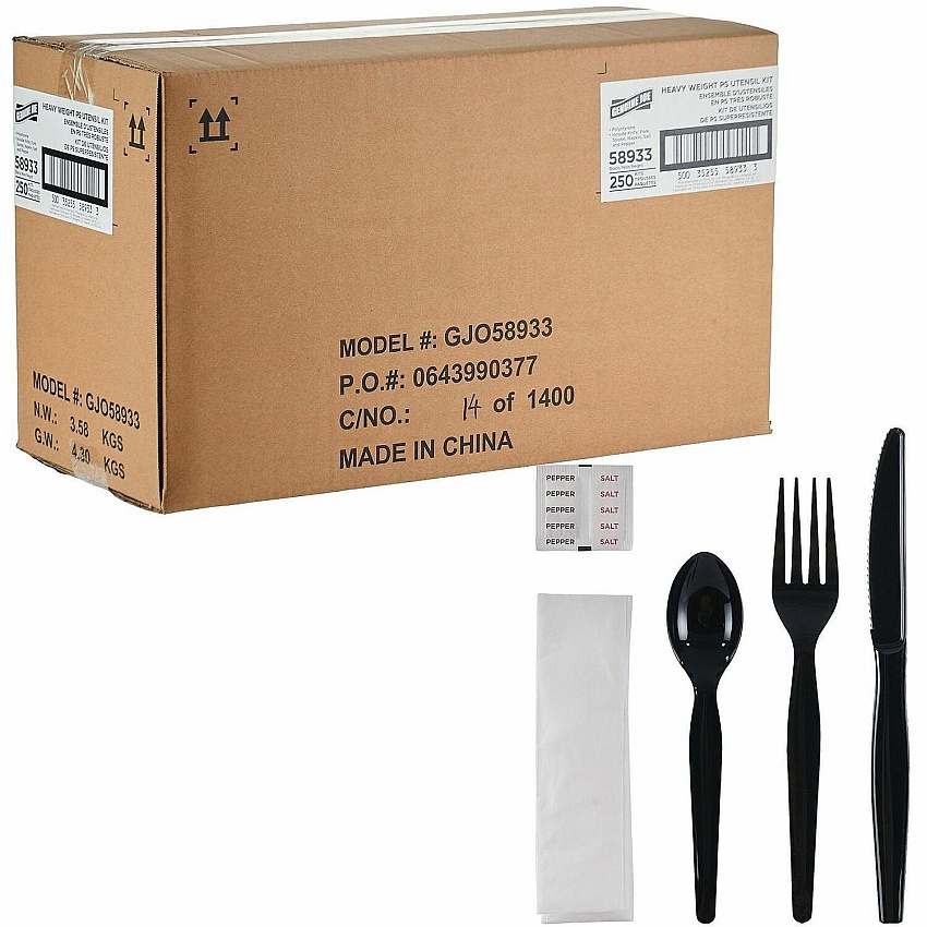 Genuine Joe 6-Piece Heavyweight Utensil Kit 6 Piece(s) - Cutlery Set - Spoon - Fork - Knife - Breakroom - Disposable - Polystyrene - Black - 1 Carton (GJO58933)