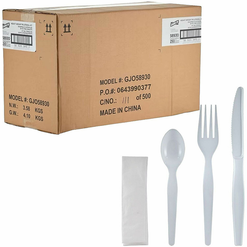 Genuine Joe 4-Piece Heavyweight Utensil Kit 4 Piece(s) - Cutlery Set - Spoon - Fork - Knife - Breakroom - Disposable - Polystyrene - White - 1 Carton (GJO58930)