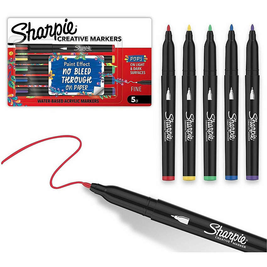 Sharpie Creative Markers Assorted Ink - Water Based, Acrylic Based - Glass, Art, Coloring - 5 / Pack (2212830)