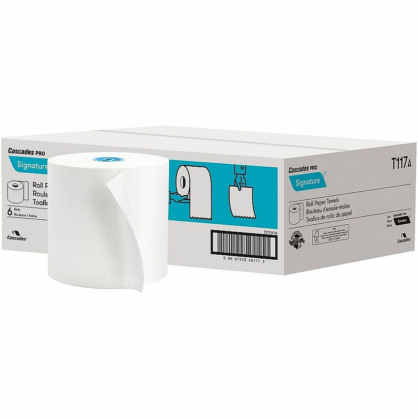 Cascades Signature Roll Paper Towels for Tandem 1 Ply - 7.50" Width x 1000 ft Length - 8" Roll Diameter - 1 7/8" Core - White - Paper, Virgin Fiber - 6 Rolls Per Pack Rolls/Pack - 6 / Carton (T117)