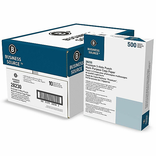 Business Source Premium Multipurpose 3-Hole Punch Copy Paper - White 3-Hole Punched - 92 Brightness - Letter - 8 1/2" x 11" - 20 lb Basis Weight - 75 g/m² Grammage - Jam-free, Double-sided, Acid-free, Archival-safe - White - 5000 Sheets -  (BSN28230)
