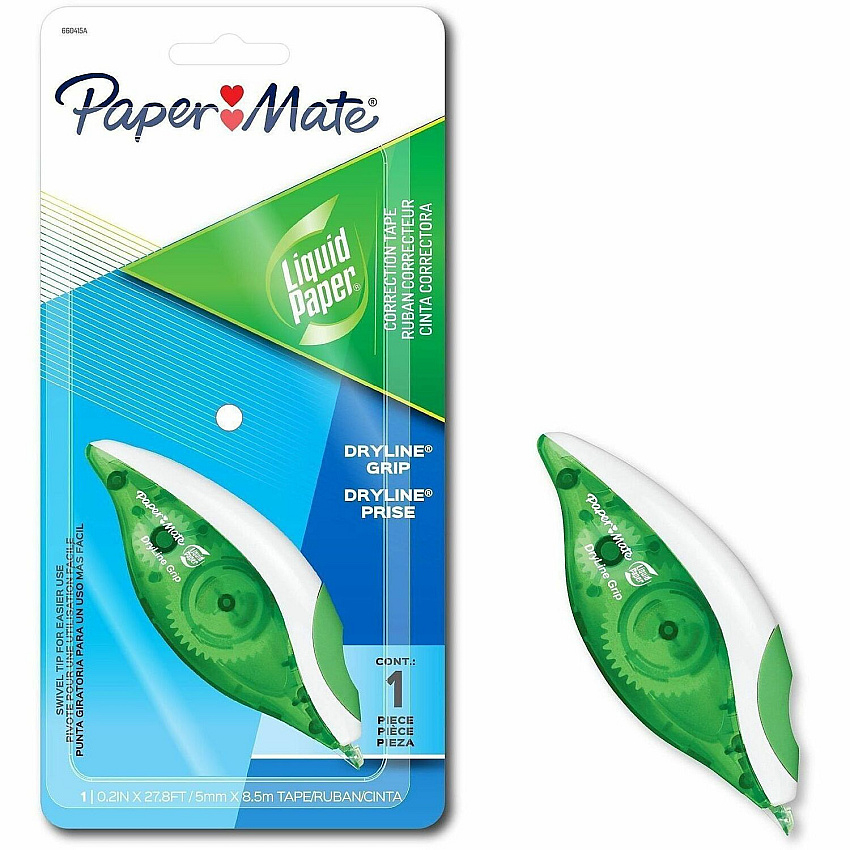 Paper Mate DryLine Grip Correction Tape 0.20" Tape Width x 27.80 ft Tape Length - White Tape - Transparent, Green, White Dispenser - Comfortable, Smooth, Swivel Tip, Easy to Use, Ergonomic, Mess-free, Tear Resistant - 1 Pack (660415A)