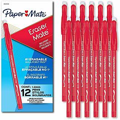 Paper Mate EraserMate Ballpoint Pens 1.0 mm Bold, Medium Pen Point - Erasable - Red Ink - Red Barrel - Writing - 12 / Dozen (3920158A)