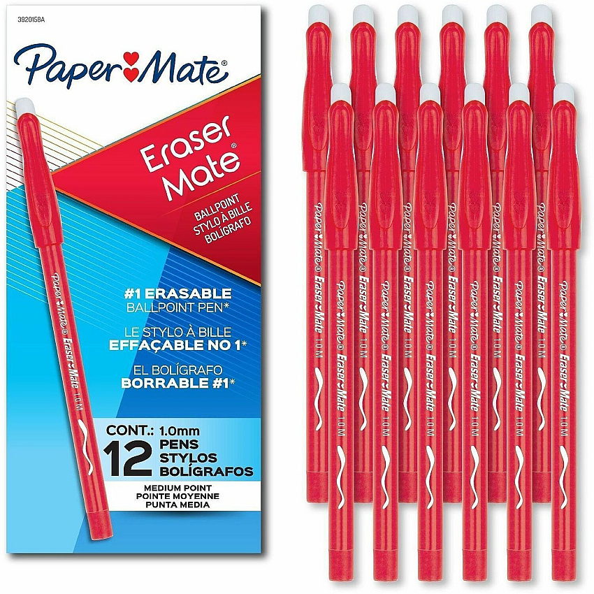 Paper Mate EraserMate Ballpoint Pens 1.0 mm Bold, Medium Pen Point - Erasable - Red Ink - Red Barrel - Writing - 12 / Dozen (3920158A)