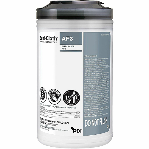 PDI Sani-Cloth AF3 Germicidal Wipes For Nonporous Surface, Hard Surface, Equipment - Ready-To-Use - Wipe - 15" Length x 7.50" Width - Recommended For: Germs Remover - Kill Germs, Disposable, Alcohol-free, Fragrance-free - Gray - 75 Wipes/Can - (P72584AF3)