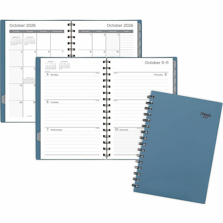 Mead Basic Weekly/Monthly Planner Weekly, Monthly - 15 Month - October 2027 to December 2027 - 1 Week, 1 Month Double Page Layout - 5 1/2" x 8 1/2" Sheet Size - Twin Wire - Composure Blue Poly Cover - 1 Each (CRW42020)