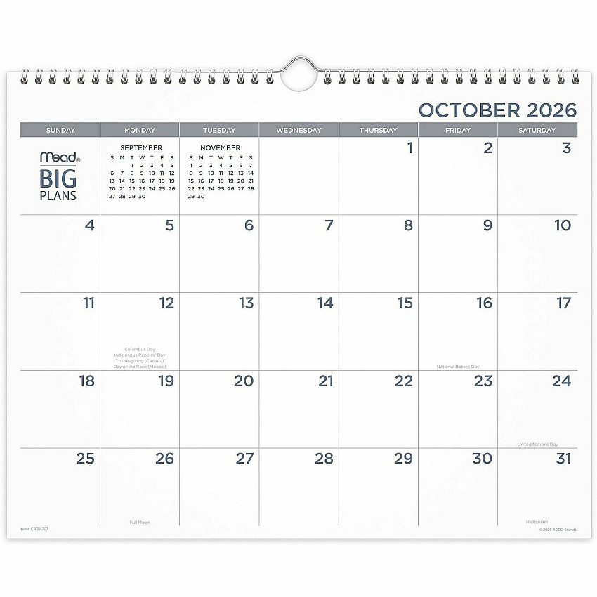 Mead BIG PLANS Monthly Wall Calendar Monthly - 15 Month - October 2026 to December 2027 - 12" x 15" Sheet Size - 2.18" x 2.81" Block - Twin Wire - Wall Mount - White Cover - 1 Each (CR30707)