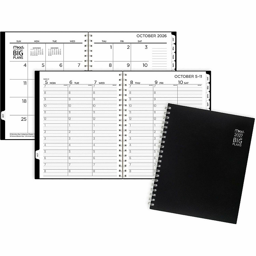Mead BIG PLANS Weekly/Monthly Planner Julian Dates - Weekly, Monthly - 15 Month - October 2026 to December 2027 - 7:00 AM to 8:00 PM - Hourly - Monday - Friday - Letter - 8 1/2" x 11" Sheet Size - Twin Wire - Black Poly Cover - 1 Each (CRW63005)