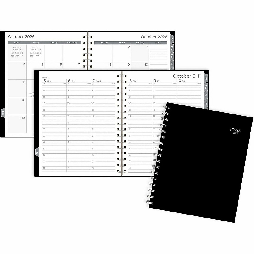 Mead Basic Weekly/Monthly Planner Weekly, Monthly - 15 Month - October 2026 to December 2027 - 7:00 AM to 8:00 PM - 1 Week, 1 Month Double Page Layout - 7" x 9" Sheet Size - Twin Wire - Black Poly Cover - 1 Each (CRW805C05)