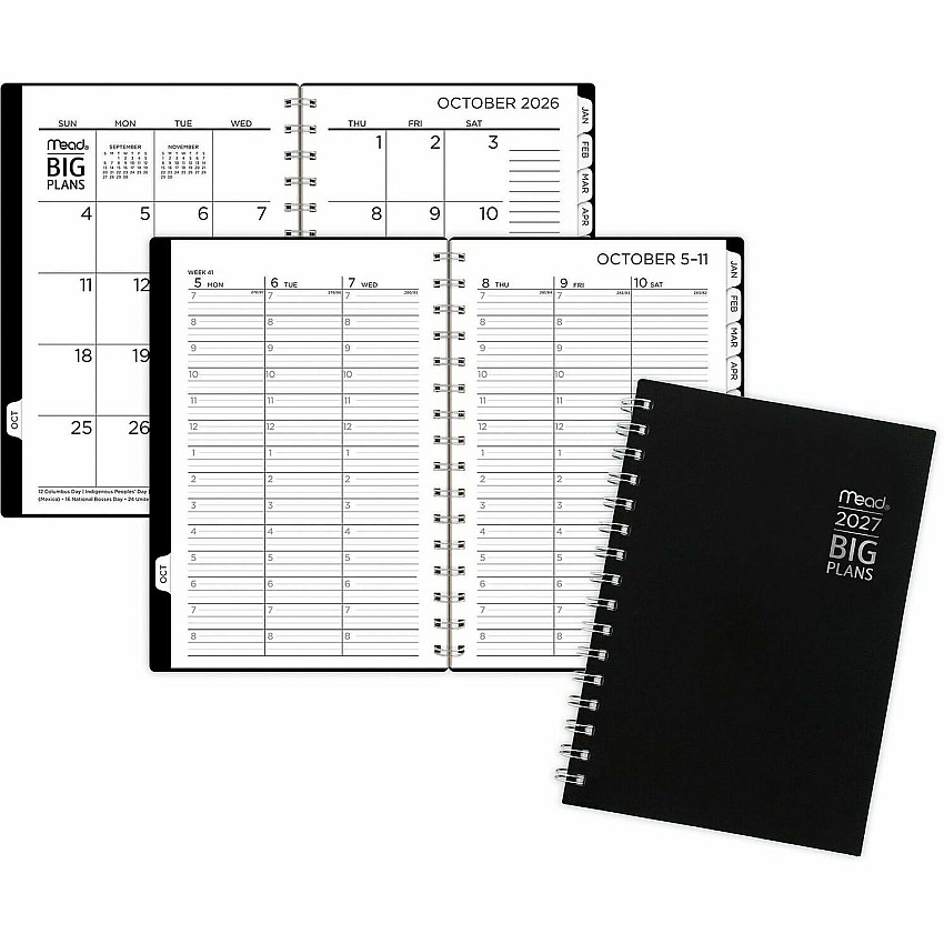 Mead BIG PLANS Weekly/Monthly Planner Julian Dates - Weekly, Monthly - 15 Month - October 2026 to December 2027 - 7:00 AM to 8:00 PM - Hourly - Monday - Friday - 5 1/2" x 8 1/2" Sheet Size - Twin Wire - Black Poly Cover - 1 Each (CRW43005)