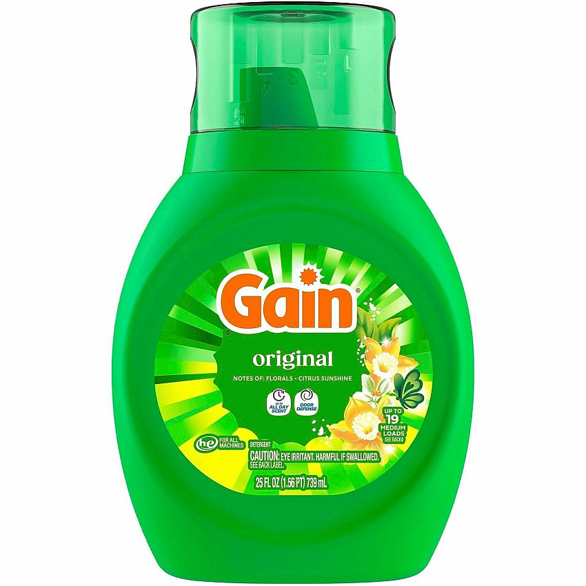 Gain Original Laundry Detergent For Laundry, Washing Machine - Liquid - 25 fl oz (0.8 quart) - Original Scent - 19 Loads - Odor Neutralizer - Green6 / Carton (23233)