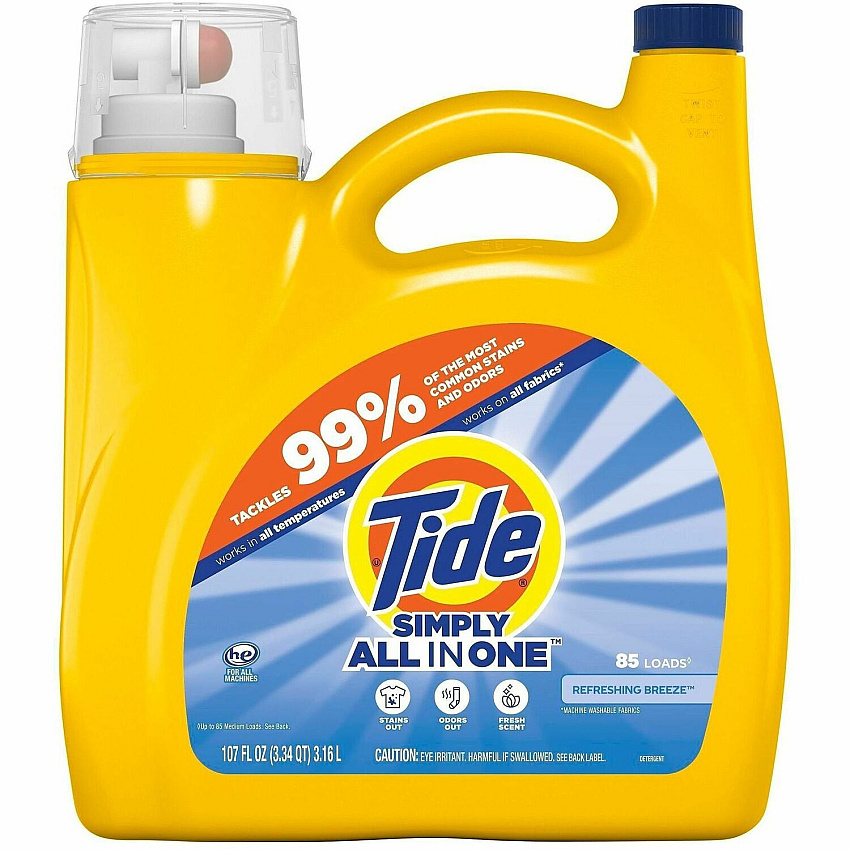 Tide Simply All-in-1 Detergent For Laundry, Clothes - Liquid - 107 fl oz (3.3 quart) - Refreshing Breeze, Clean Scent - 85 Loads - Recommended For: Dirt Remover, Stain Remover, Odor Remover - Odor Neutralizer - Yellow Jug - 4 / Carton (26840)
