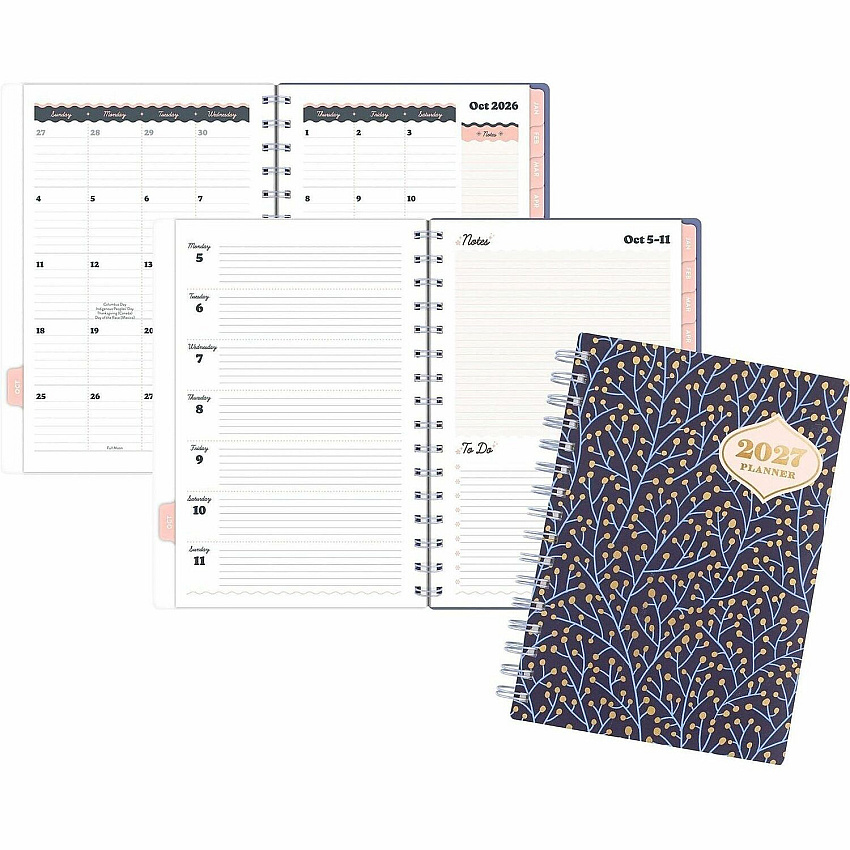 Mead CatCoq Berry Branches Weekly/Monthly Planner Monthly, Weekly - 15 Month - October 2026 to December 2027 - 5 1/2" x 8 1/2" Sheet Size - Wire Bound - Poly Cover - 1 Each (CC01200)
