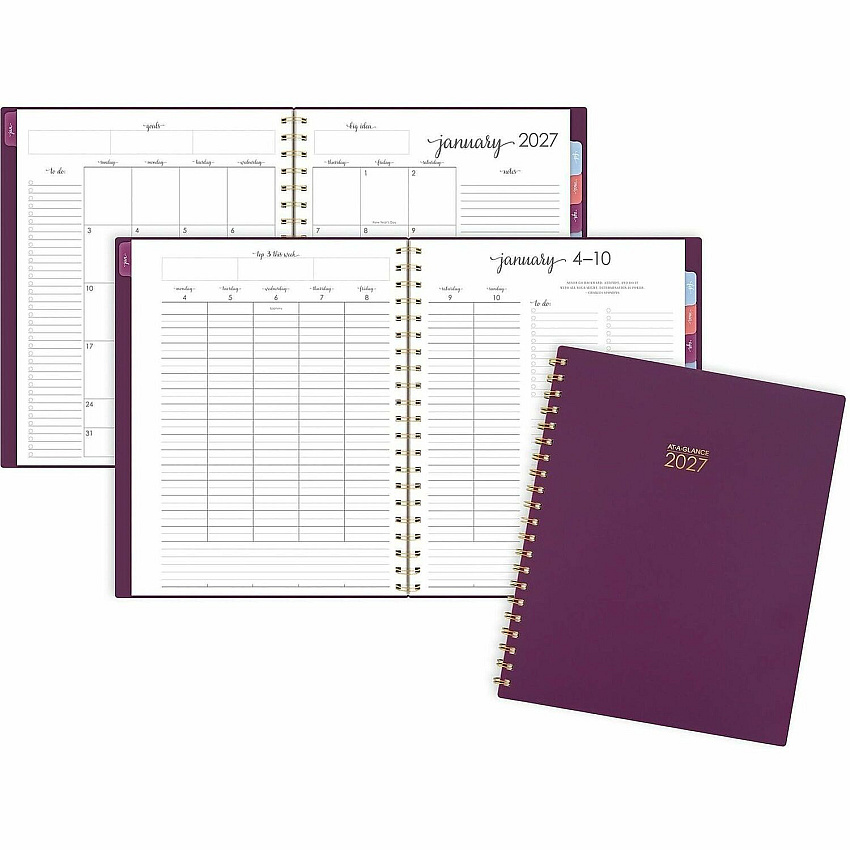 At-A-Glance Harmony Weekly/Monthly Planner Weekly, Monthly - 13 Month - January 2027 to January 2028 - Letter - 8 1/2" x 11" Sheet Size - Twin Wire - Mulberry Poly Cover - 1 Each (109990518)