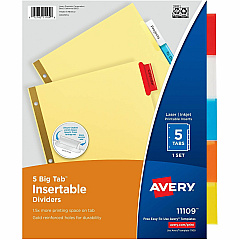 Avery Big Tab Insertable Dividers 5 Tab(s)/Set - 8.5" Divider Width x 11" Divider Length - 3 Hole Punched - Buff Buff Paper Divider - Multicolor Plastic Tab(s) - Recycled - Insertable, Hole-punched, Customizable, Gold Reinforced, Reinforced Hole (11109CT)