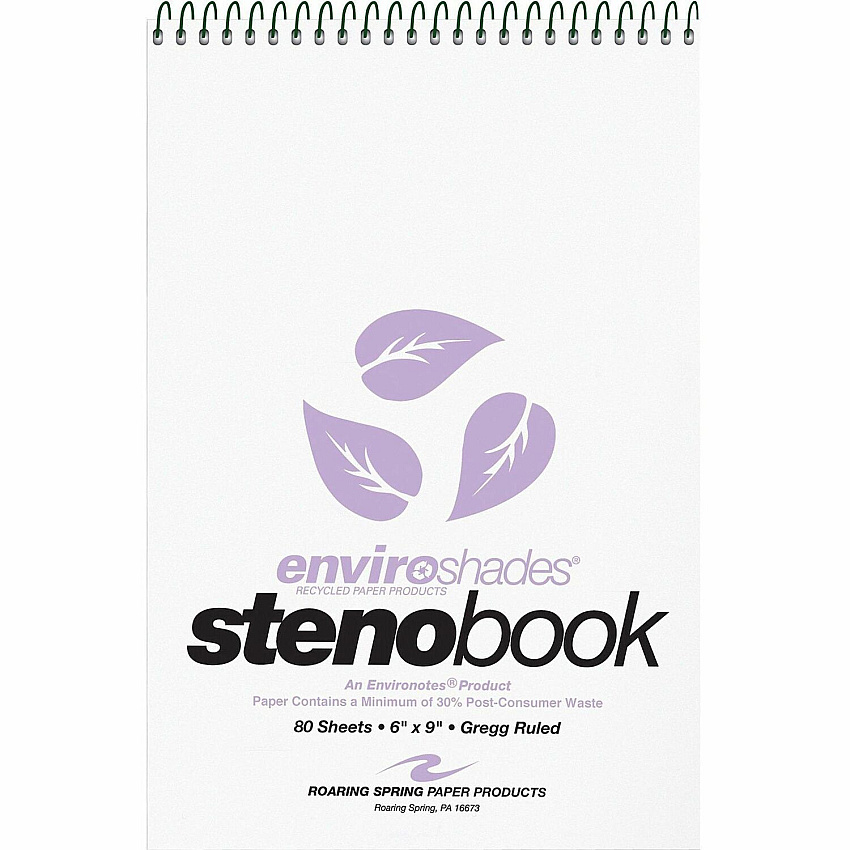 Roaring Spring Enviroshades Gregg-Ruled Steno Book 80 Sheets - 160 Pages - Spiral Bound - Gregg Ruled Margin - 15 lb Basis Weight - 6" x 9" Sheet Size - 6" Width x 9" Depth - Orchid Paper - Board Cover - Smooth, Snag Proof, WireLock, Heavy Duty  (12264CT)