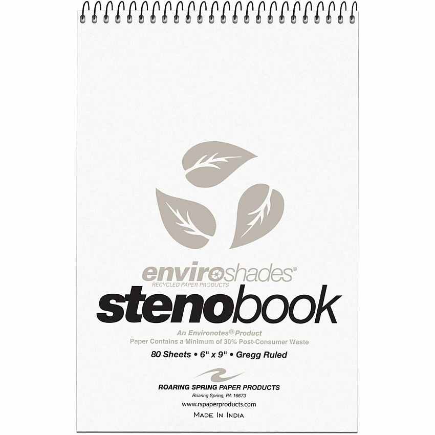 Roaring Spring Enviroshades Gregg-Ruled Steno Book 80 Sheets - 160 Pages - Spiral Bound - Gregg Ruled Margin - 15 lb Basis Weight - 6" x 9" Sheet Size - 6" Width x 9" Depth - Gray Paper - Gray Board Cover - Smooth, Snag Proof, WireLock, Heavy Du (12274CT)