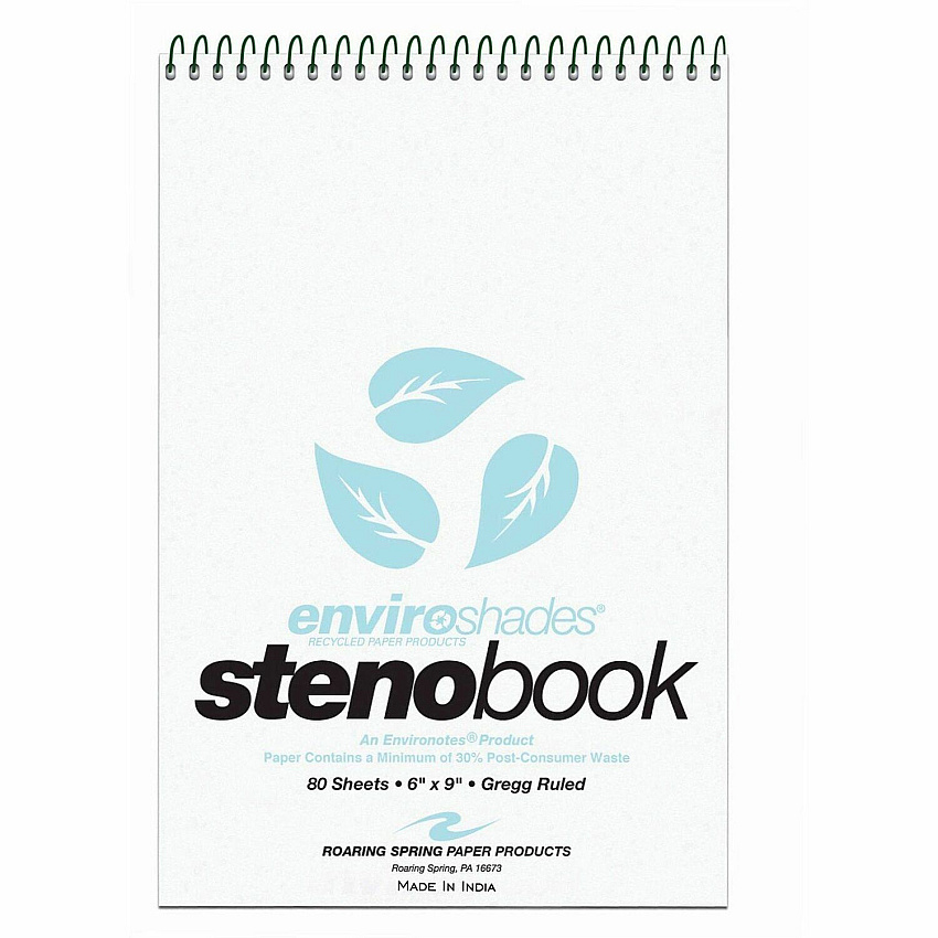 Roaring Spring Enviroshades Gregg-Ruled Steno Book 80 Sheets - 160 Pages - Spiral Bound - Gregg Ruled Margin - 15 lb Basis Weight - 6" x 9" Sheet Size - 6" Width x 9" Depth - Blue Paper - Blue Board Cover - Smooth, Snag Proof, WireLock, Heavy Du (12284CT)