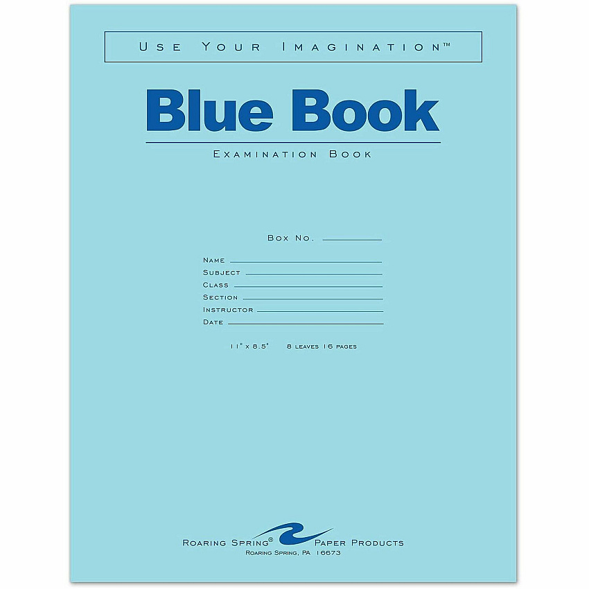 Roaring Spring Examination Book 8 Sheets - 16 Pages - Stapled - Both Side Ruling Surface - Wide Ruled Front Ruling - Wide Ruled Red Margin - 15 lb Basis Weight - Legal - 11" Width x 8.5" Depth - White Paper - Blue Paper Cover - Smooth - 10 / Car (77517CT)