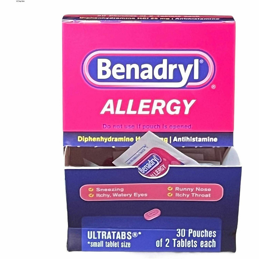 Lil' Drug Store Benadryl Allergy Relief Medication For Allergy, Sneezing, Runny Nose, Itchy Eyes, Hives, Motion Sickness - 30 / Box (64068)