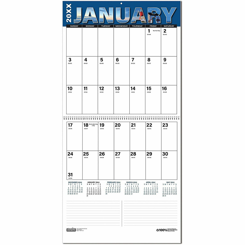 House of Doolittle Recycled Big Block Wall Calendar Julian Dates - Monthly - 12 Month - January 2027 to December 2027 - 1 Month Double Page Layout - 12" x 24" Sheet Size - 3" x 1.50" Block - Wire Bound - Wall Mount - Multi - Paper - 1 Each (322)