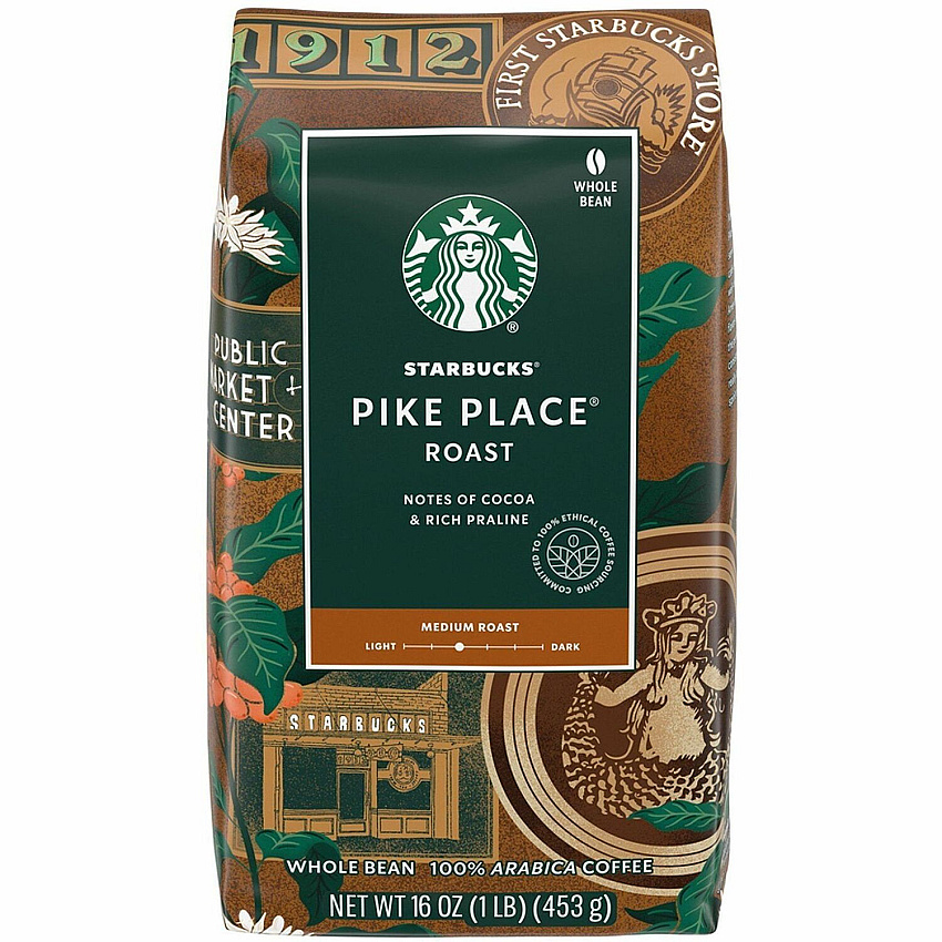 Starbucks Whole Bean Pike Place Roast Whole Bean Coffee Medium - Whole Bean - Pike Place - 6 / Carton (12411946CT)