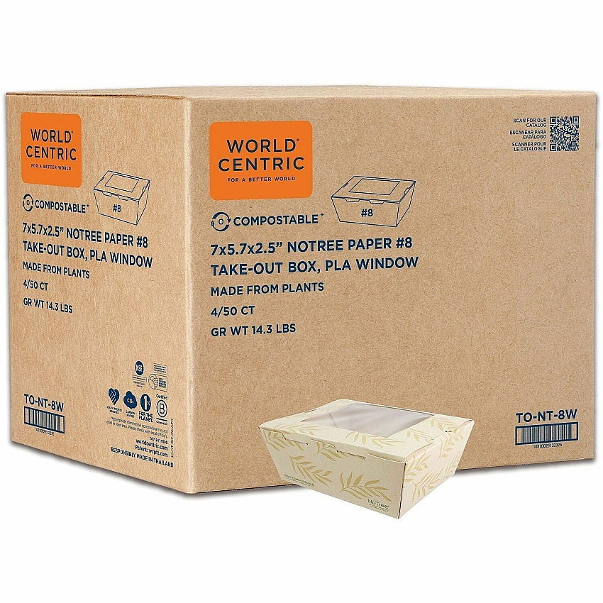 No Tree 46oz Paper Folded Takeout Containers Food Storage, Commercial - Natural - Paper, Polylactic Acid (PLA) Body - 200 / Carton (TONT8W)
