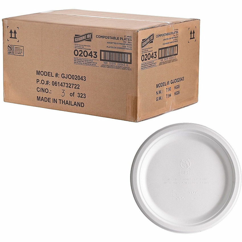 Genuine Joe BPI Certified Compostable Paper Plate Breakroom, Food - Disposable - Microwave Safe - 9" Diameter - White - Sugarcane, Paper Body - 1 Carton (GJO02043)
