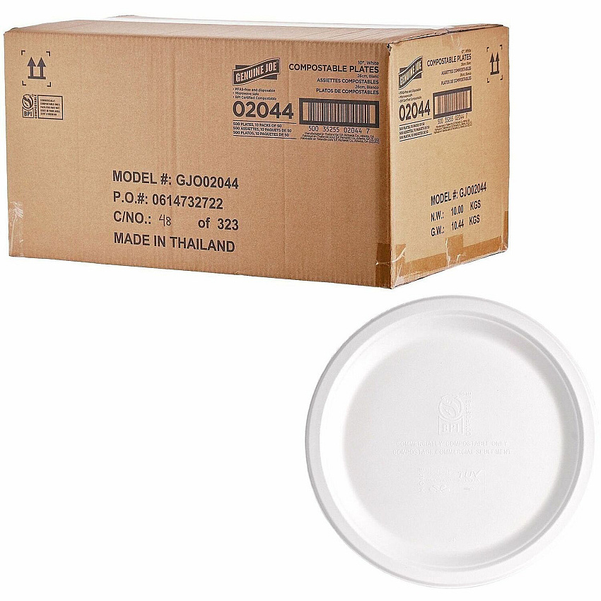 Genuine Joe BPI Certified Compostable Paper Plate Breakroom, Food - Disposable - Microwave Safe - 10" Diameter - White - Sugarcane, Paper Body - 1 Carton (GJO02044)